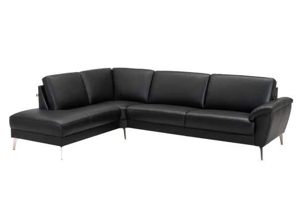 Skandia 292x210cm avokulmasohva mustaa nahkaa, divaani edest&auml; katsottuna vasemmalla.